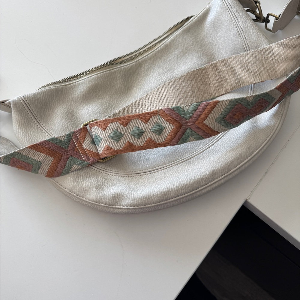 Anthropologie Cream Leather Crossbody with Patterned Woven Strap